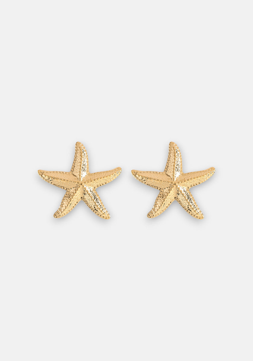 A pair of Princess Goes Hollywood Seestern-Ohrstecker aus Edelstahl mit Gelbgold Vergoldung, deren strukturierte Oberfläche und fünf Arme die Schönheit echter Seesterne nachbilden. Präsentiert auf weißem Hintergrund.