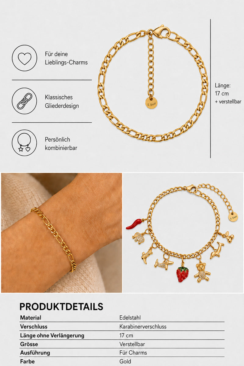 Präsentiert werden zwei Goldketten-Armbänder der Marke Princess Goes Hollywood – ein elegantes Gliederarmband und ein Edelstahlarmband mit sechs farbenfrohen Anhängern. Eine Hand setzt das schlichte Gliederarmband stilvoll in Szene. Anschließend werden die Produktdetails angezeigt, die Merkmale wie die verstellbare Länge und den hochwertigen Edelstahl hervorheben, ergänzt durch Symbole und deutschsprachige Beschriftungen.