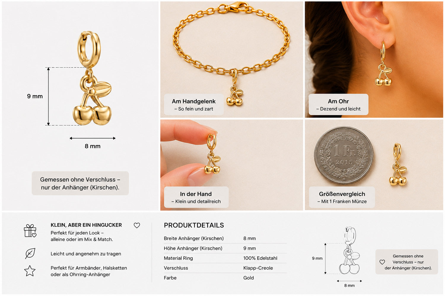 Der goldene Kirsche-Charm-Anhänger von Princess Goes Hollywood aus Edelstahl ist am Armband, am Ohrring sowie in der Hand zu sehen. Der 9 mm kleine, glänzende Anhänger wird neben einer 1-Franc-Münze zum Größenvergleich gezeigt.