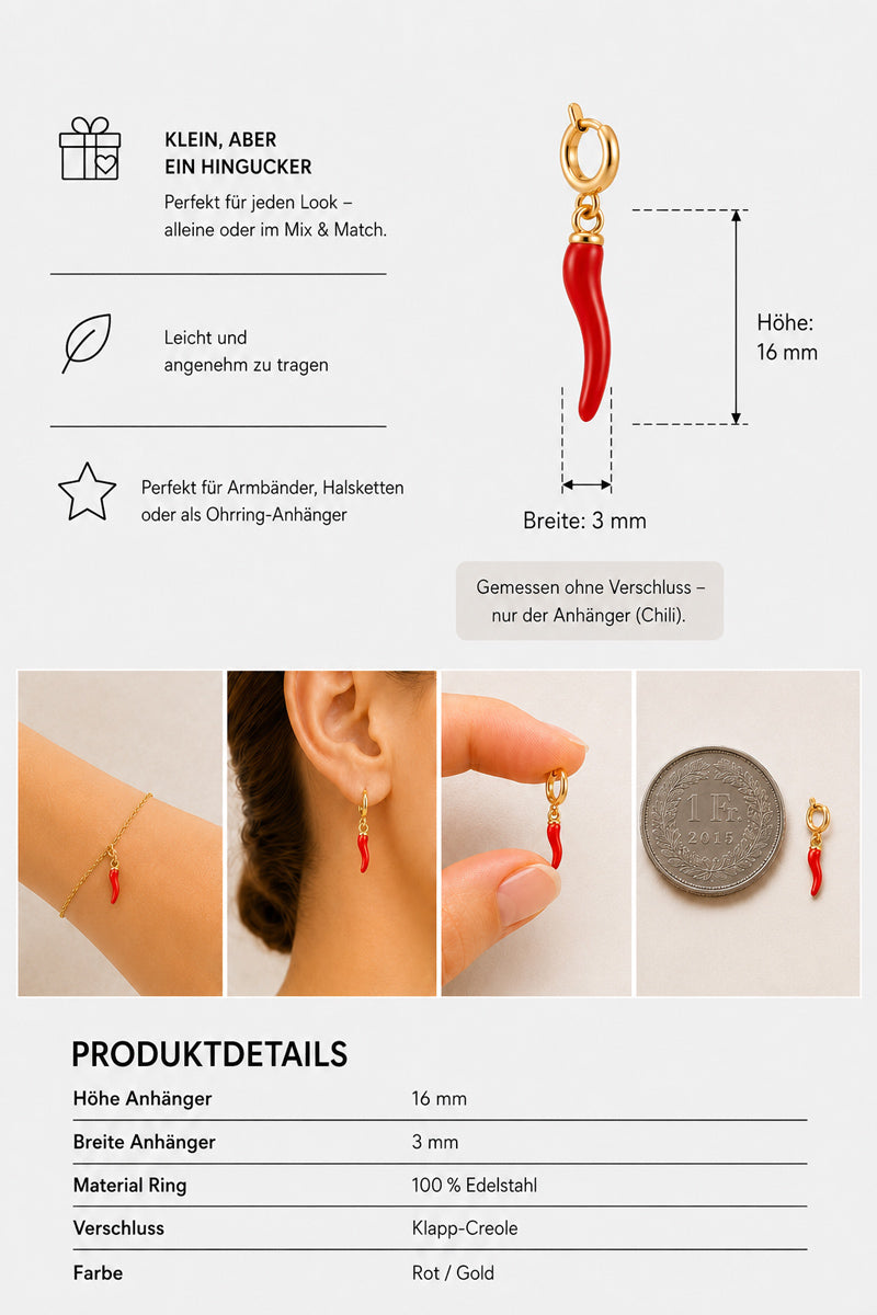 Der „Chili Charm“-Anhänger von Princess Goes Hollywood ist ein zierlicher Anhänger in Form einer roten Chilischote mit einem goldenen Verschluss und misst 16 mm in der Höhe und 3 mm in der Breite. Dieses trendige Accessoire aus hochwertigem Edelstahl ist auf dem Foto neben einer Münze als Größenvergleich abgebildet, als Ohrring gestylt und an einer Halskette präsentiert – damit ist es das perfekte Schmuckstück, um Ihrem Look eine stilvolle Note zu verleihen.