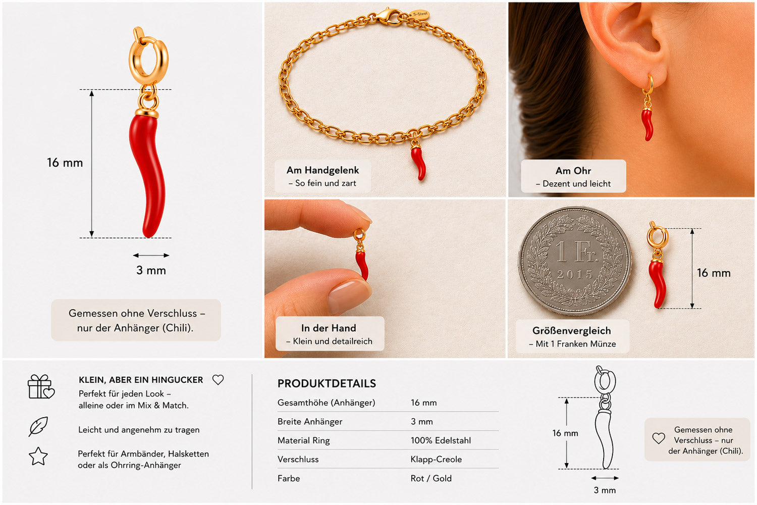 Ein „Princess Goes Hollywood“-Goldkettenarmband mit Chili-Anhänger aus Edelstahl (16 mm) wird am Handgelenk, als Ohrring, neben einer Euro-Münze und in der Hand präsentiert. Abbildungen und Text zeigen Produktdetails auf Deutsch.