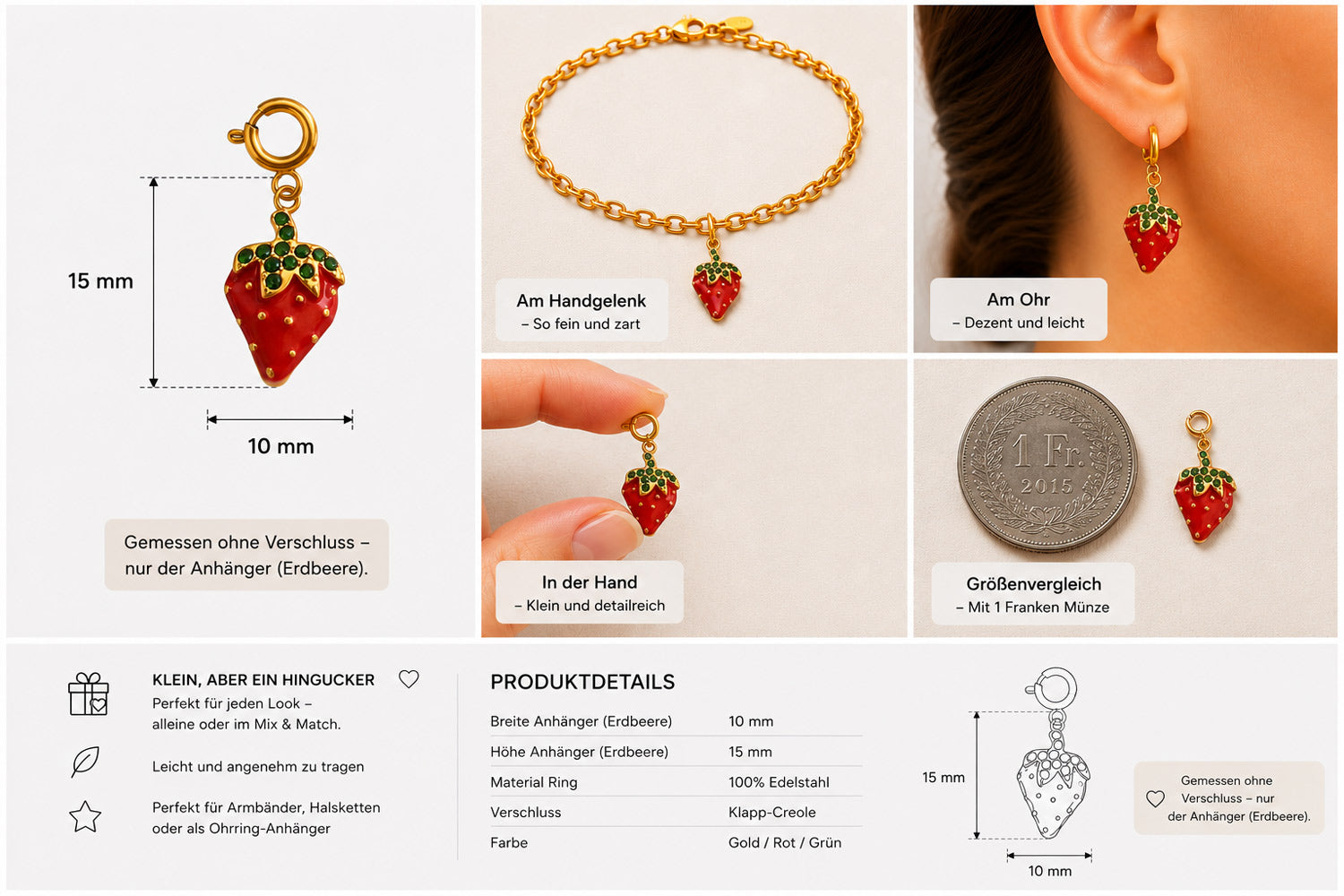 Ein gold-roter Erdbeer-Charm-Anhänger aus Edelstahl von Princess Goes Hollywood (15 mm hoch) wird als Armband-Accessoire und als Ohrring gezeigt, im Vergleich zu einer Münze, die in der Hand gehalten wird. Eine Produkttabelle und deutsche Symbole beschreiben die Details.