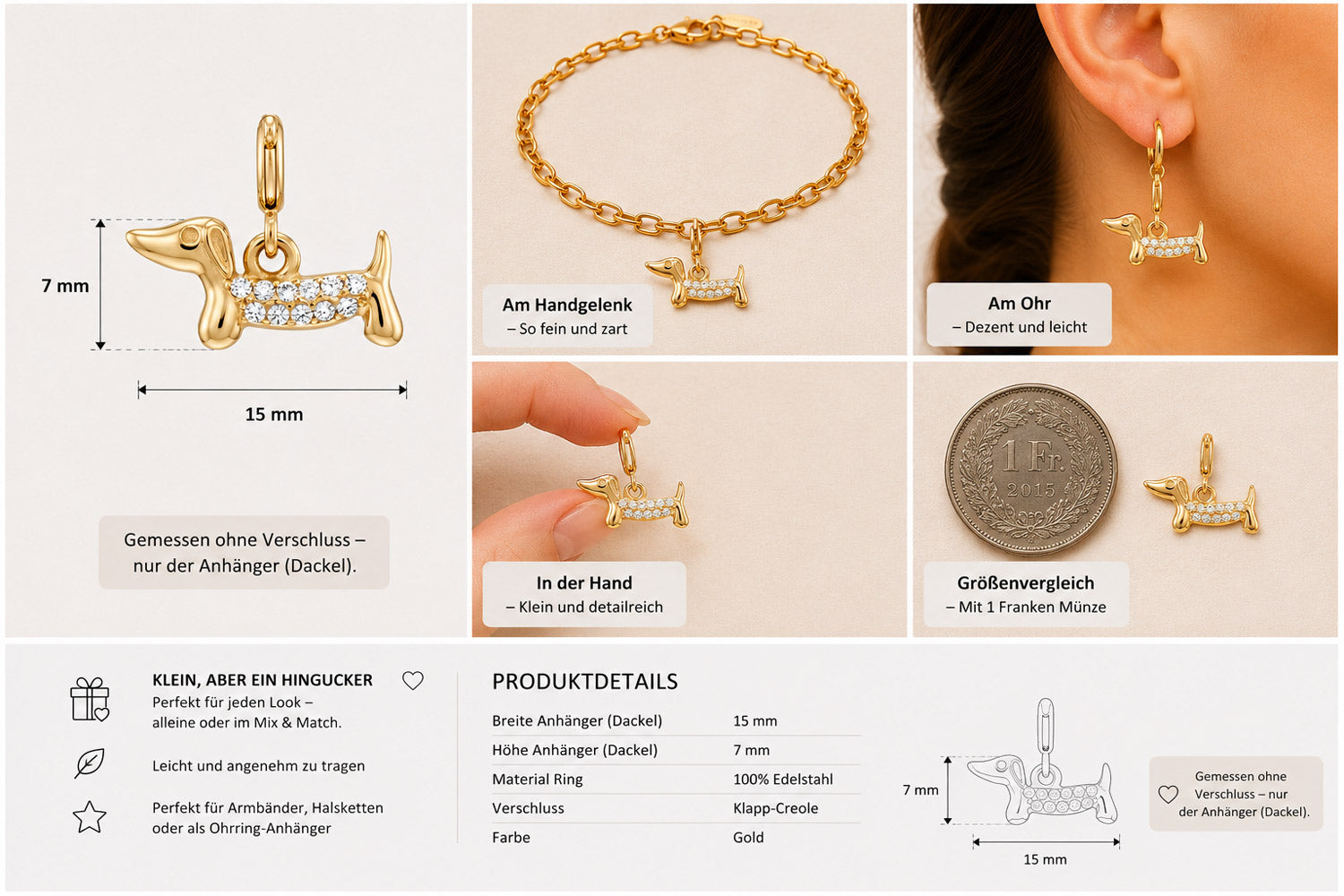 Eine Collage zeigt den goldenen „Princess Goes Hollywood“-Dackel-Anhänger mit klaren Steinen. Die Bilder zeigen diesen Edelstahl-Anhänger als Armband, als Ohrring, in der Hand und neben einer Münze – das perfekte Geschenk für Hundeliebhaber. Produktdetails finden Sie weiter unten.