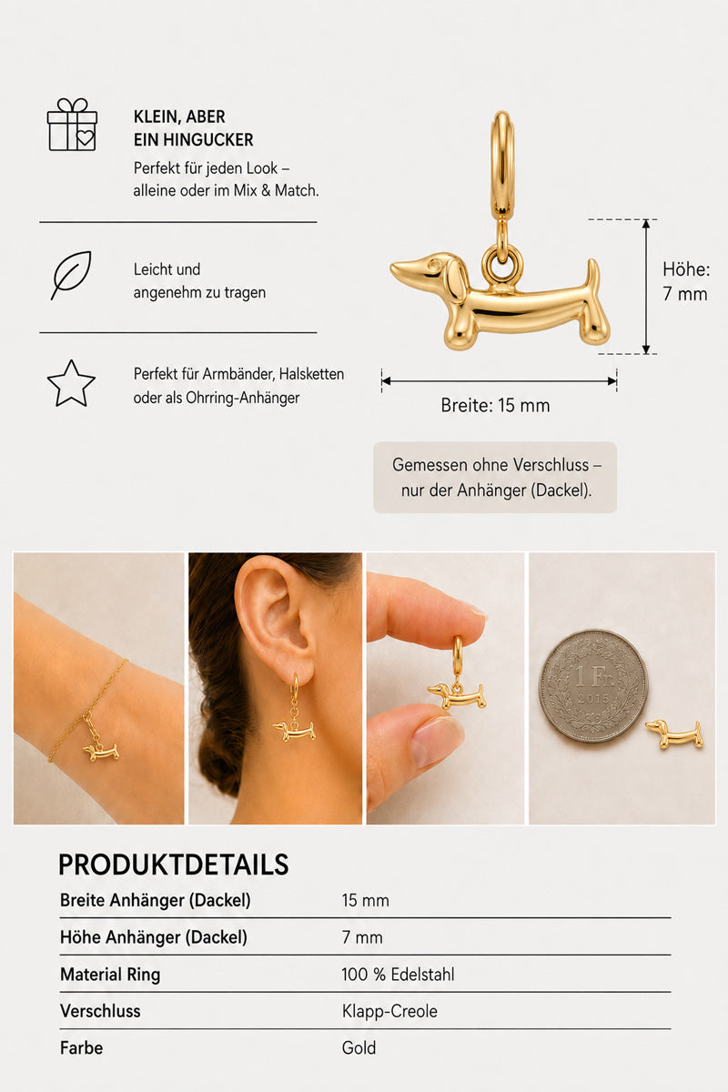 Ein kleiner, goldfarbener Dackel-Anhänger von Princess Goes Hollywood ist neben einer Münze abgebildet und wird als Ohrring getragen. Dieser Edelstahl-Anhänger verfügt über detaillierte Produktangaben in deutscher Sprache: Breite (15 mm), Höhe (7 mm), Material (Edelstahl), Verschluss (Clip-Creole) und Farbe (Gold). Das perfekte Accessoire für Tierliebhaber!.