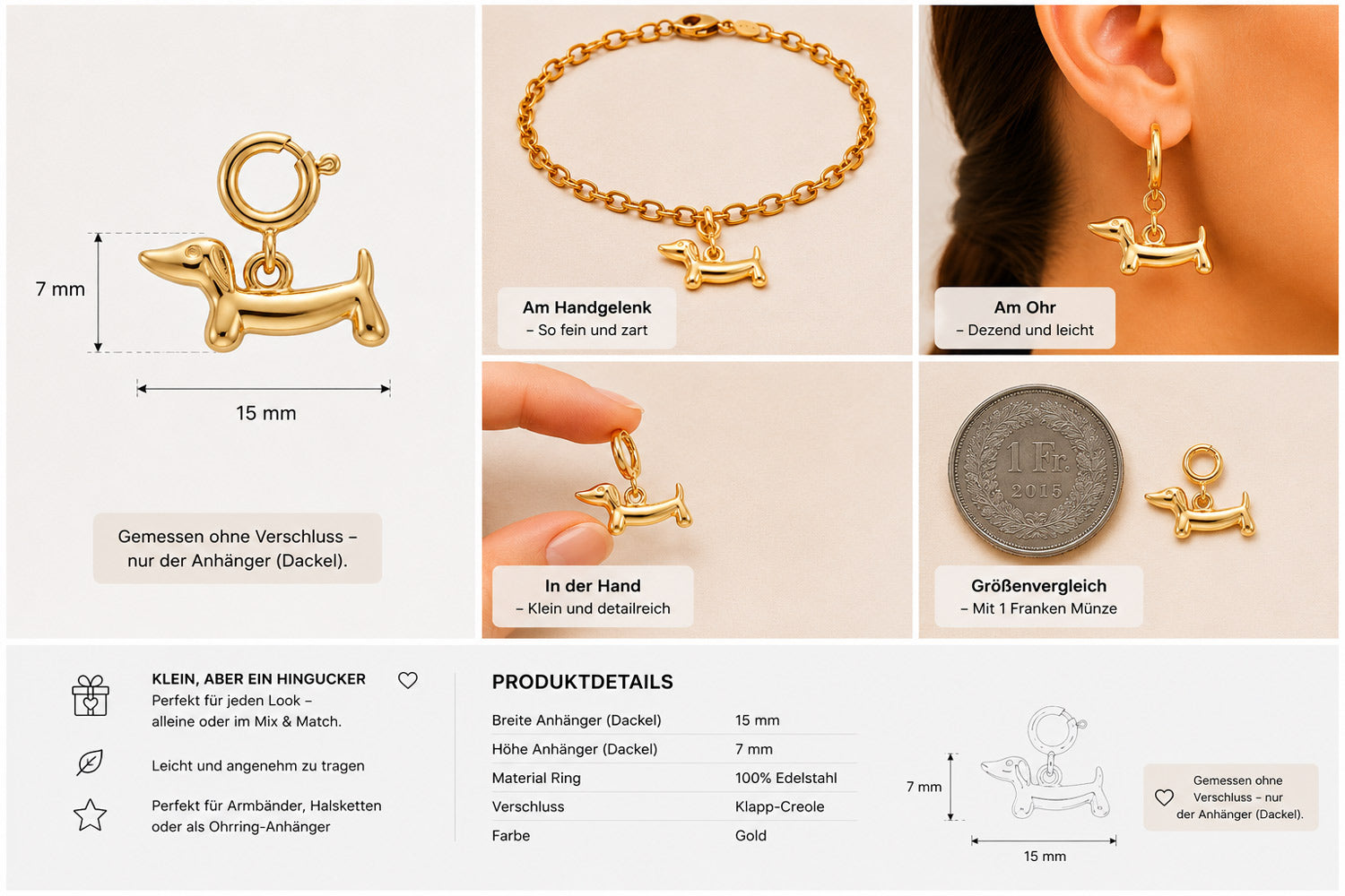 Eine Collage zeigt den goldenen Dackel-Anhänger von Princess Goes Hollywood aus verschiedenen Blickwinkeln: einzeln, an einem Armband, als Ohrring, in der Hand und neben einer 1-Franc-Münze. Dieser 7 x 15 mm große Edelstahl-Anhänger ist der perfekte Schmuck für Tierliebhaber.