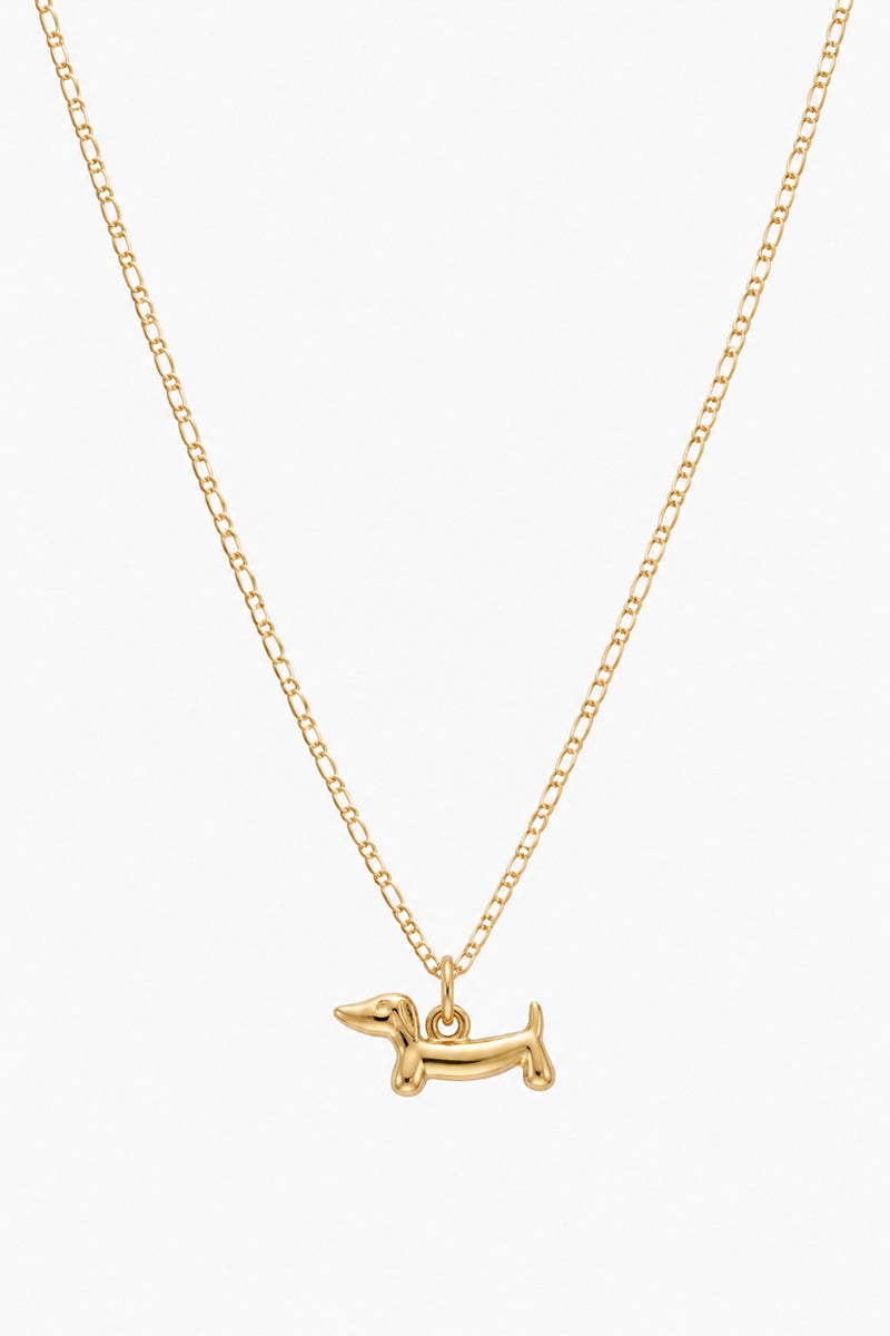 Eine feine Goldkette von Princess Goes Hollywood besticht durch einen glänzenden, minimalistischen Dackel-Anhänger aus Edelstahl. Der glatte Dackel-Anhänger ist perfekt für Tierliebhaber und hebt sich besonders gut von einem schlichten weißen Hintergrund ab.