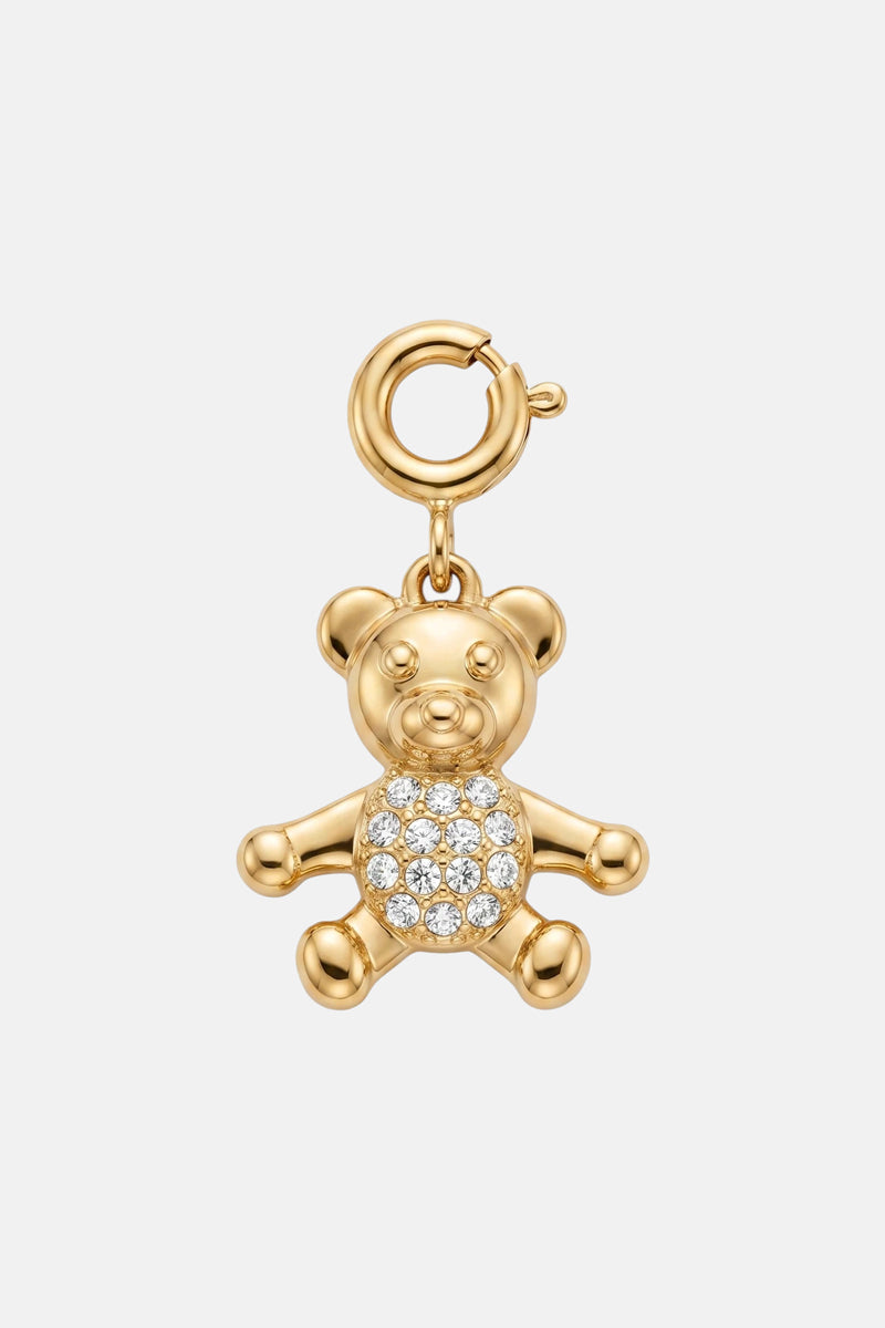 Ein goldfarbener Bär-Charm-Anhänger von Princess Goes Hollywood in Form eines Teddybären mit funkelnden Zirkonia-Steinen auf dem Bauch – ein entzückendes Geschenk für ein Armband oder eine Halskette, hier aufrecht vor weißem Hintergrund abgebildet.