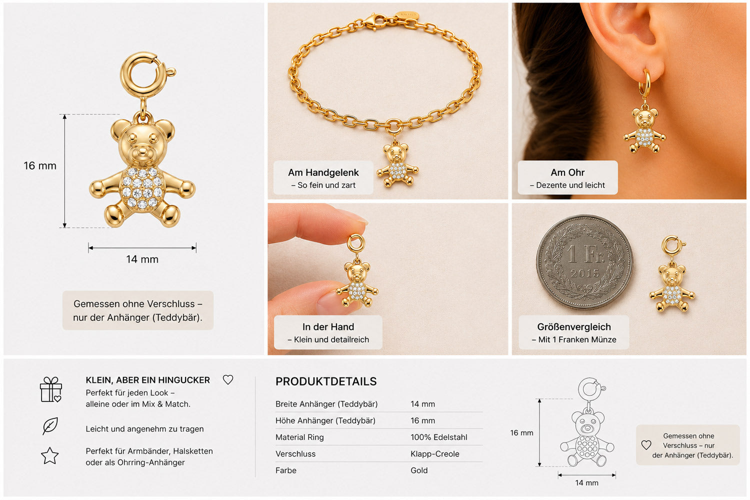 Ein goldener Bär-Charm-Anhänger von Princess Goes Hollywood aus Edelstahl mit klaren Zirkonia ist an einem Armband, an einem Ohrring und neben einer 1-Euro-Münze zu sehen. Symbole und Text geben Auskunft über die Größe (14 mm), die Verschlussart und einen Geschenktipp.