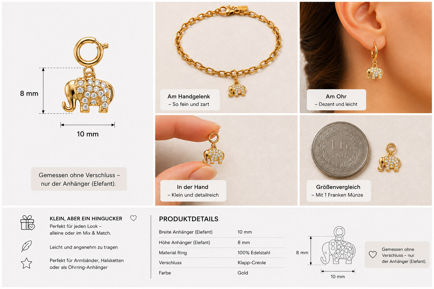Ein goldener Elefanten-Charm von Princess Goes Hollywood mit klaren Kristallen, aus Edelstahl und 8 mm hoch, kann als Anhänger am Armband, als Ohrring oder in der Hand getragen werden – ein vielseitiges und bedeutungsvolles Geschenk.