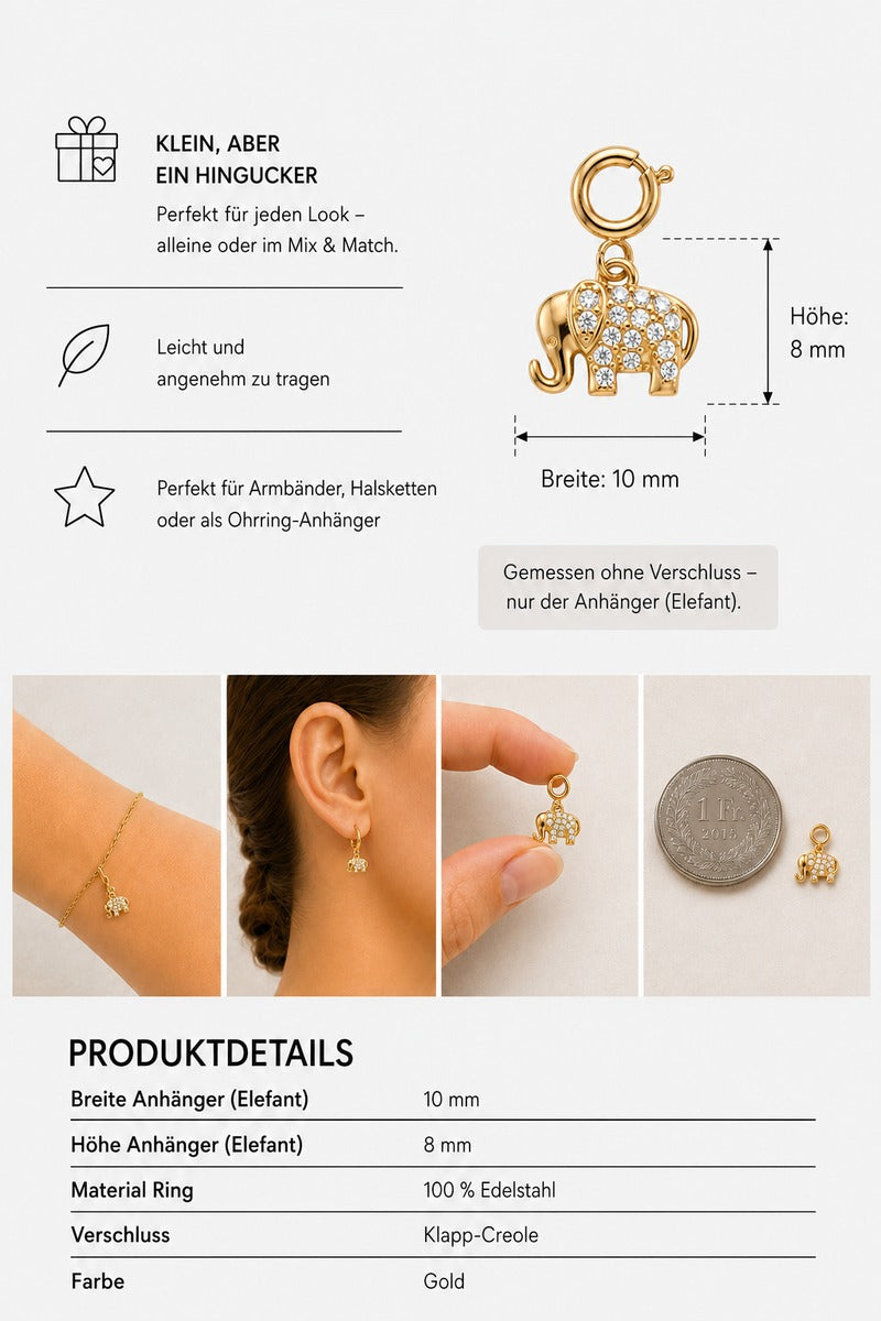 Ein kleiner goldfarbener Elefanten-Anhänger von Princess Goes Hollywood mit eingearbeiteten Kristallen ist hier zusammen mit einem Verschluss abgebildet. Seine Maße – 10 mm breit und 8 mm hoch – werden zum Vergleich neben einer Münze gezeigt. Er ist aus strapazierfähigem Edelstahl gefertigt, seine goldene Farbe strahlt und verleiht jedem Armband zusätzlichen Charme, was ihn zu einem idealen Geschenk für Armbänder macht.