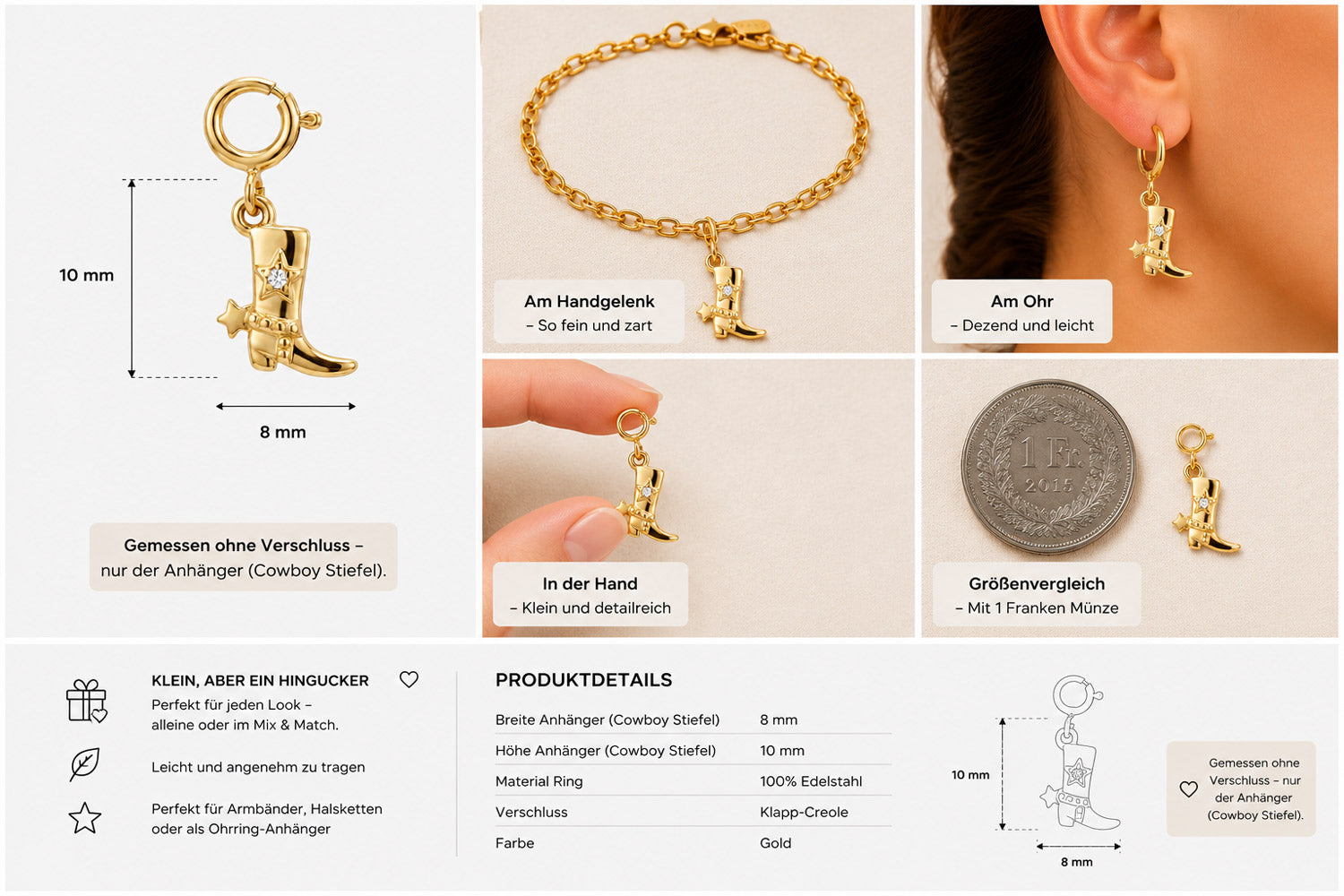 Ein goldfarbener Cowboystiefel-Anhänger von Princess Goes Hollywood mit einem kleinen Stern, abgebildet an einem Armband und als Ohrring, neben einer 1-Franc-Münze als Größenvergleich, in der Hand gehalten. Der Edelstahl-Anhänger ist ein ideales Schmuckgeschenk; die Eigenschaften sind unten aufgeführt.