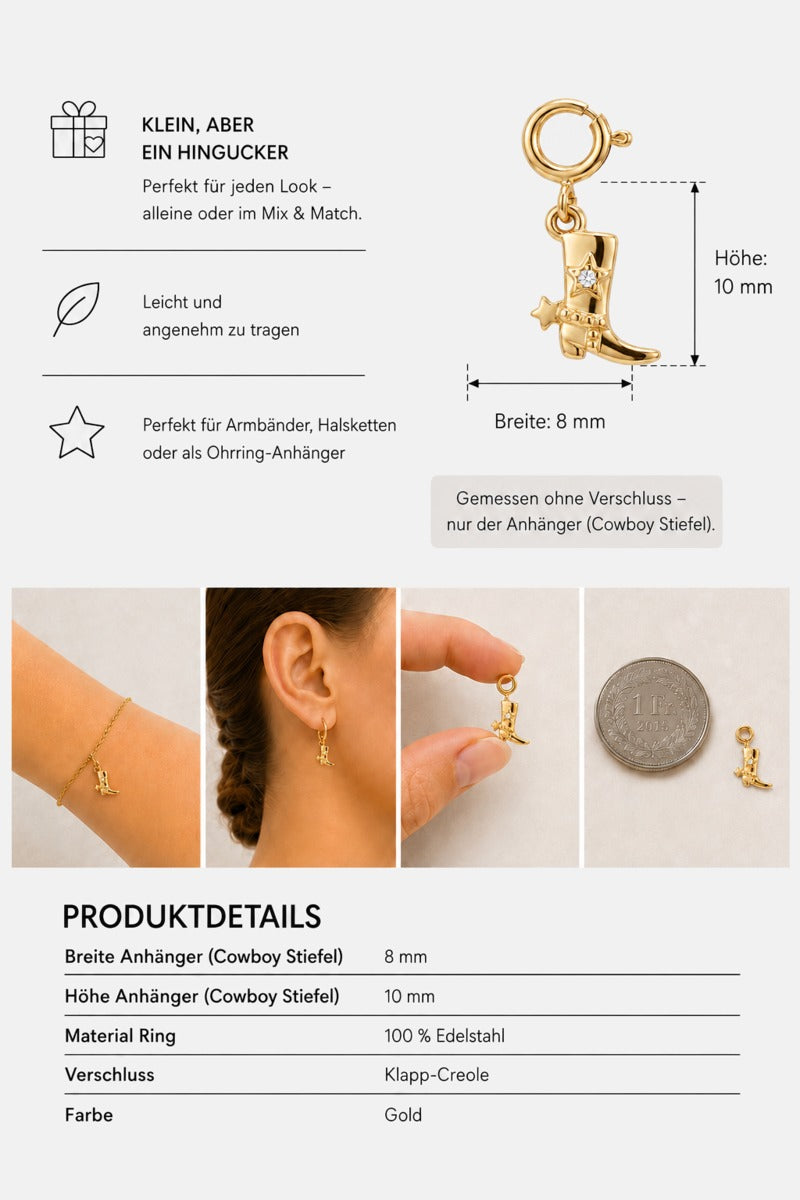 Goldener Cowboy-Stiefel-Anhänger-Ohrring mit kleinem Stern von Princess Goes Hollywood – einzeln präsentiert: am Ohr, in einer Hand und neben einer 1-Euro-Münze. Produktdetails und Maße sind als Text angegeben. Der filigrane, glänzende Schmuck aus Edelstahl besticht durch einen stilvollen Cowboystiefel-Anhänger als besonderen Blickfang am Ohr.