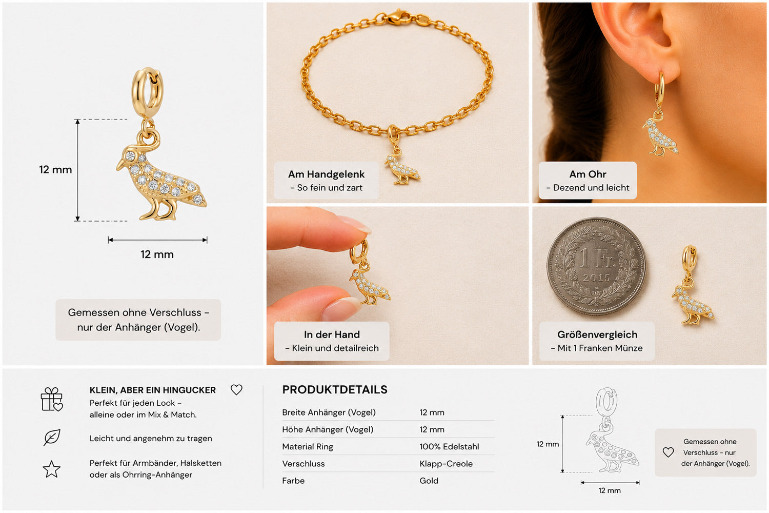 Eine Collage zeigt einen kleinen, goldenen „Princess Goes Hollywood“-Vogel-Anhänger mit winzigen klaren Steinchen als Armbandschmuck – abgebildet an einem Armband, als Ohrring, in der Hand, neben einer 1-Euro-Münze zum Größenvergleich sowie mit deutschen Angaben und Maßen.