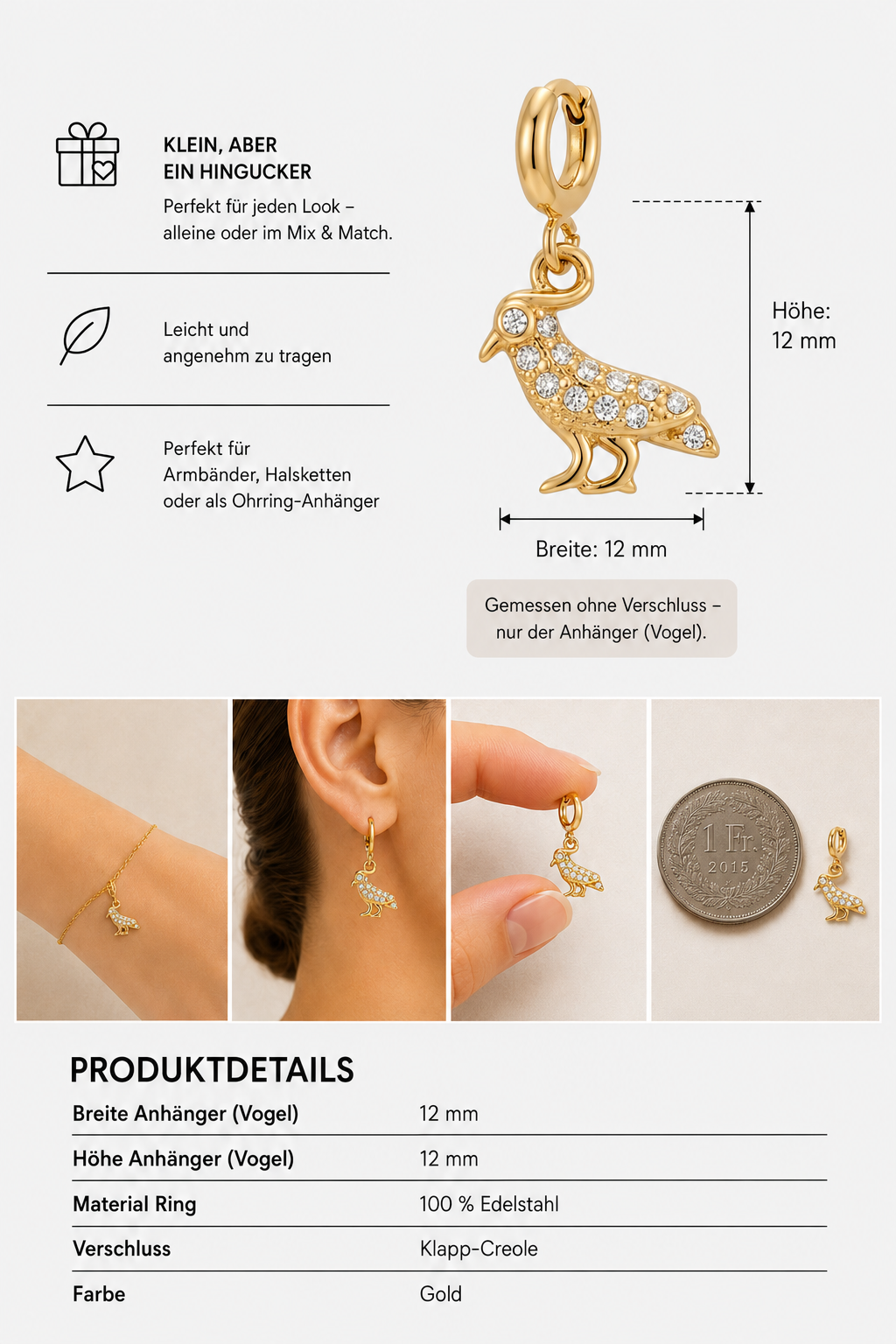 Ein kleiner goldener Vogel-Ohrring von „Princess Goes Hollywood“, verziert mit funkelnden Zirkonia-Steinen, wird neben einer 1-Euro-Cent-Münze als Größenvergleich gezeigt und am Ohr präsentiert. In den Abbildungen sind die Höhe und Breite von jeweils 12 mm hervorgehoben, während eine Tabelle mit Produktdetails Informationen zu Material, Größe und Verschluss enthält.