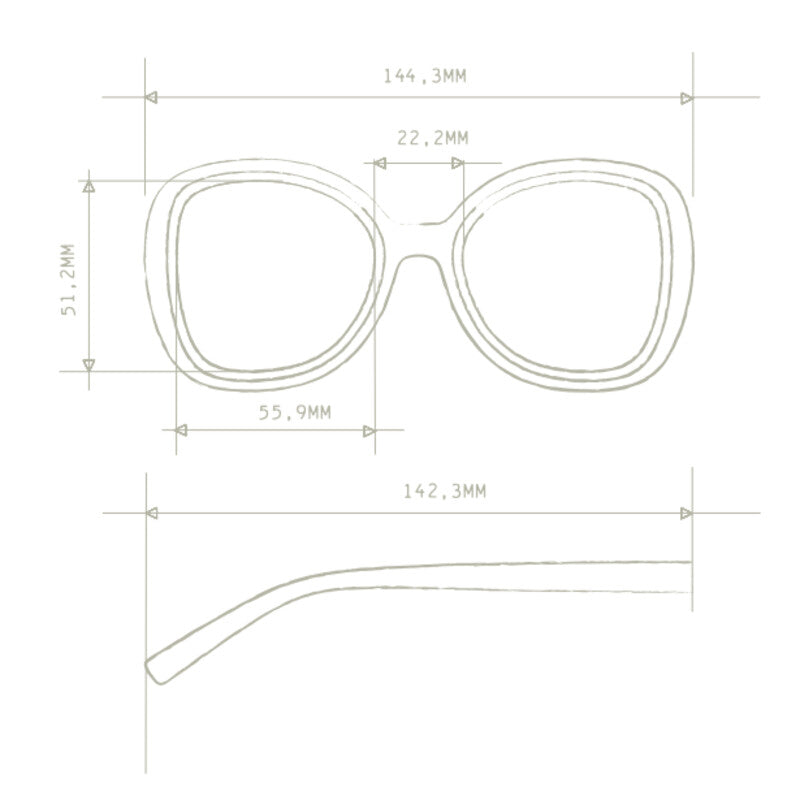 Technische Zeichnung der Okkia Sonnenbrille im Butterfly-Design mit Vorder- und Seitenansichten, die die Glasbreite (55,9 mm), den Steg (22,2 mm), die Glashöhe (51,2 mm), die Gesamtbreite (144,3 mm), die Bügellänge (142,3 mm) und den UV-400-Schutzhinweis zeigen.