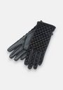 A pair of Princess Goes Hollywood black gloves, one atop the other, crafted from soft leather with a smooth palm and quilted diamond pattern on the back, set against a plain white background.