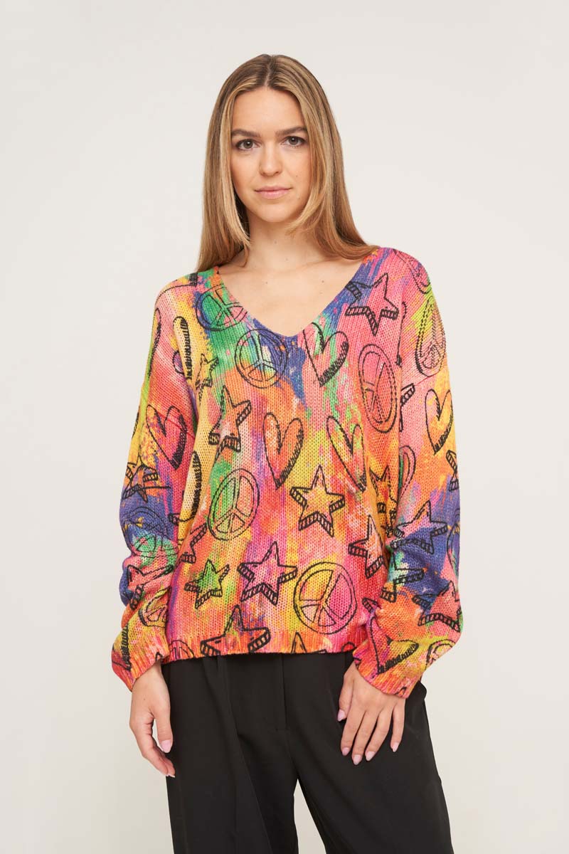 Colorful sweater with peace &amp; heart motif