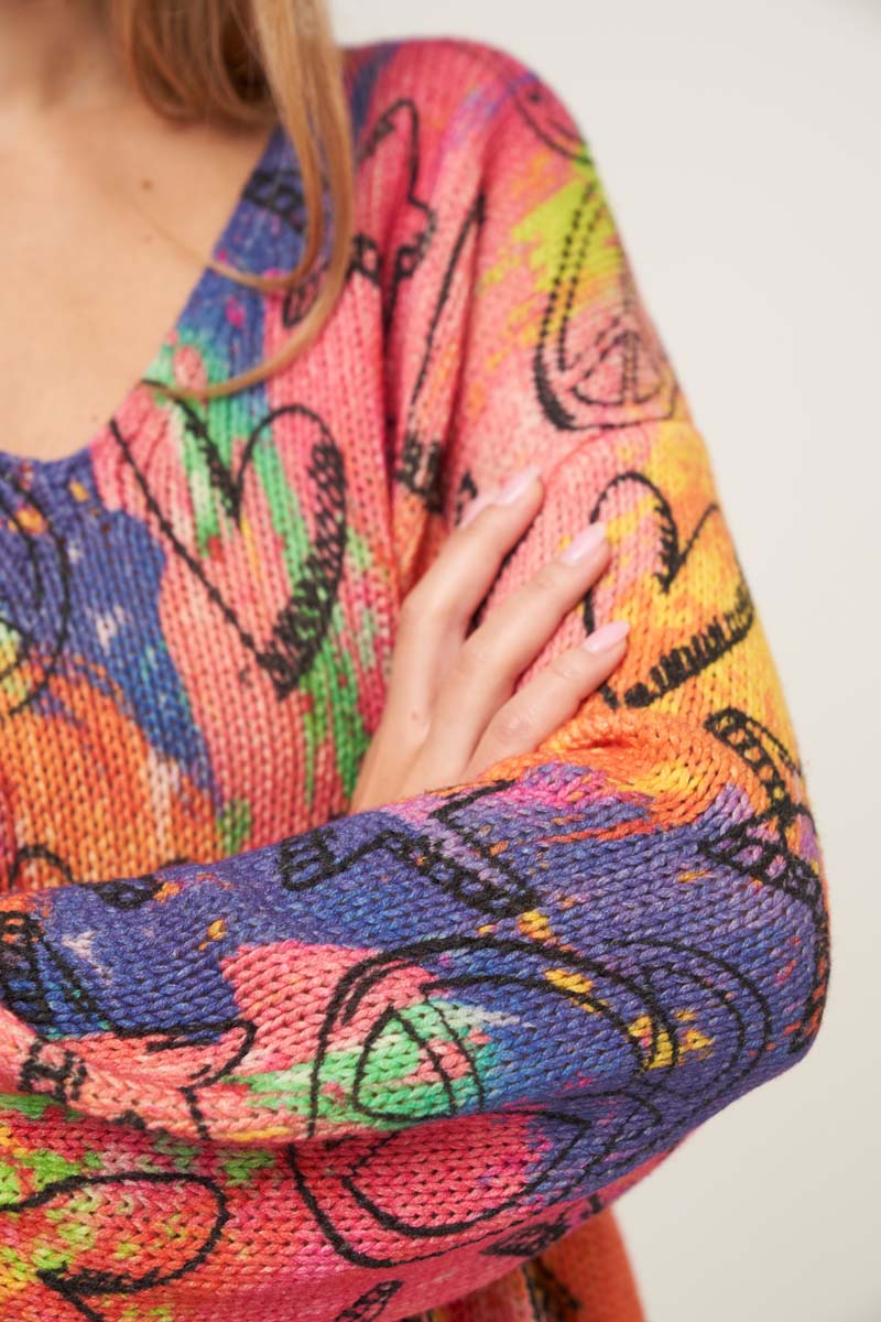 Colorful sweater with peace &amp;amp; heart motif