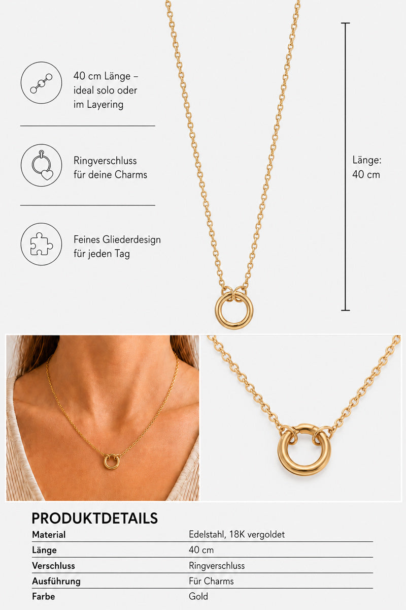 Goldkette von Princess Goes Hollywood mit einer zarten Kette und einem Anhänger in Form eines ineinander verschlungenen Rings, sowohl einzeln als auch getragen abgebildet. Zu den Highlights der Infografik zählen eine Länge von 40 cm, ein Ringverschluss für Anhänger sowie feine Glieder. Die deutschen Produktdetails listen Materialien wie „18-karätig vergoldete Charm-Gliederkette aus Edelstahl“ auf, zusammen mit Länge, Verschlussart, Stil und Farbe.