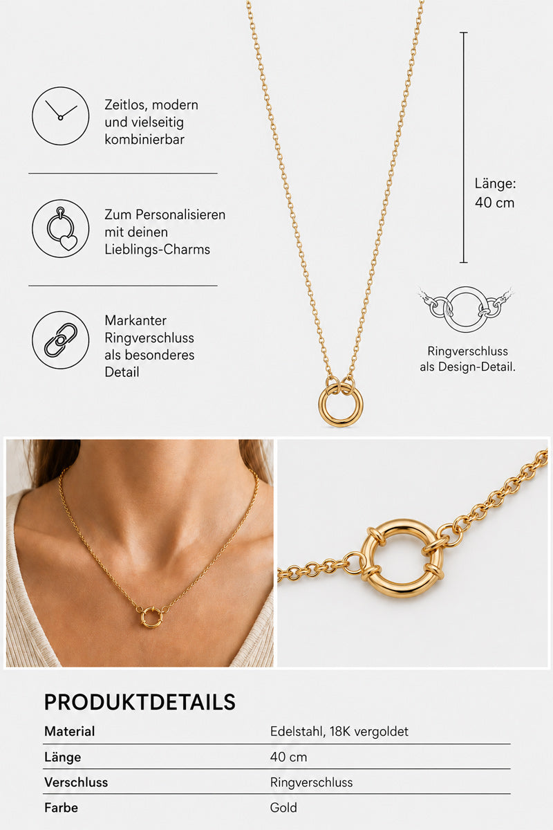 Goldkette von Princess Goes Hollywood mit rundem Ringverschluss, abgebildet auf weißem Hintergrund. Nahaufnahme des Verschlusses, Übersicht über die Eigenschaften und Abbildung einer Person, die die Kette trägt. Details auf Deutsch, einschließlich Material (18-karätig vergoldeter Edelstahl), Verschlussart, Länge (40 cm) und der Option einer individuell wählbaren Charm-Gliederkette.