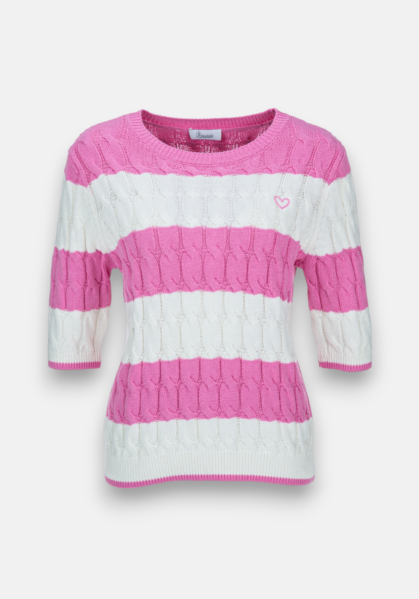 Striped cable knit sweater with short sleeves