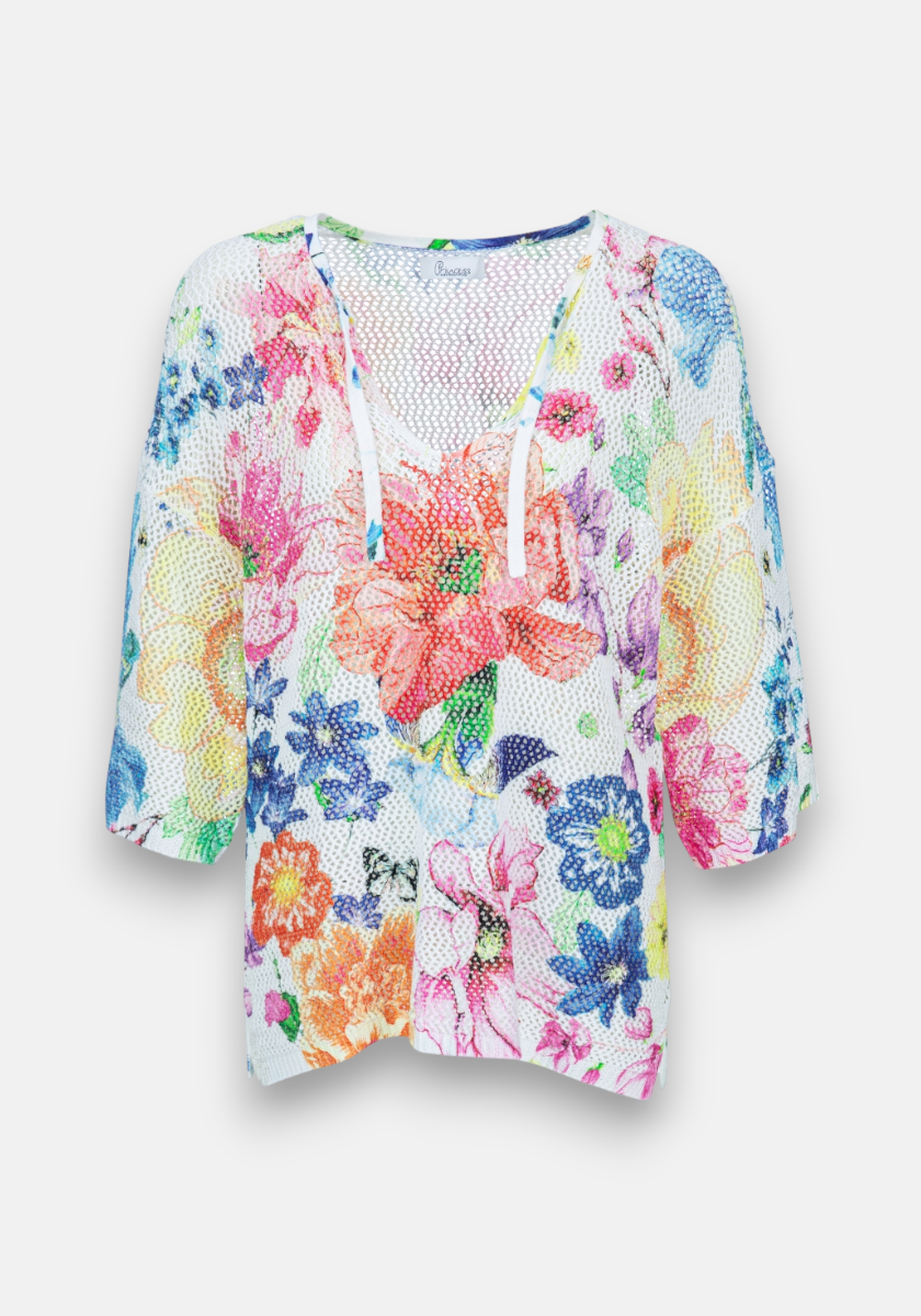 Pull tricot ouvert fleurs d&#39;été
