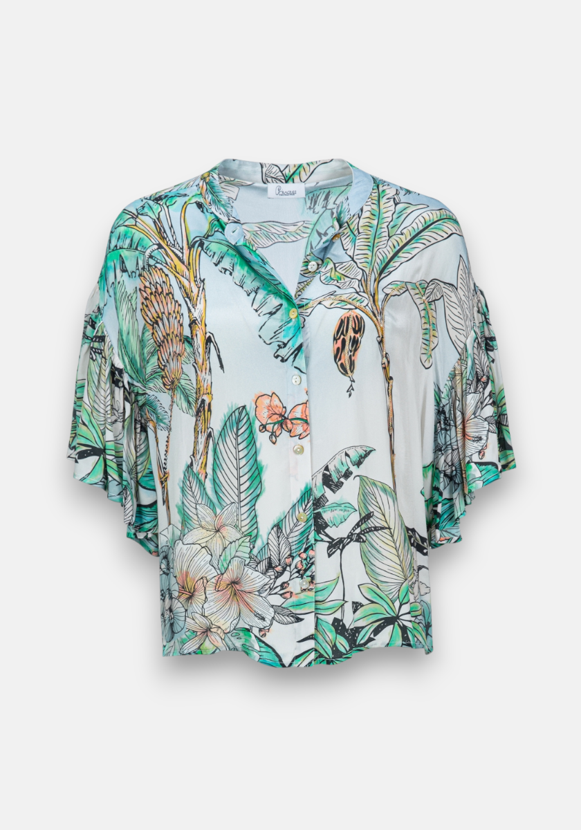 Palm tree blouse with flounced sleeves