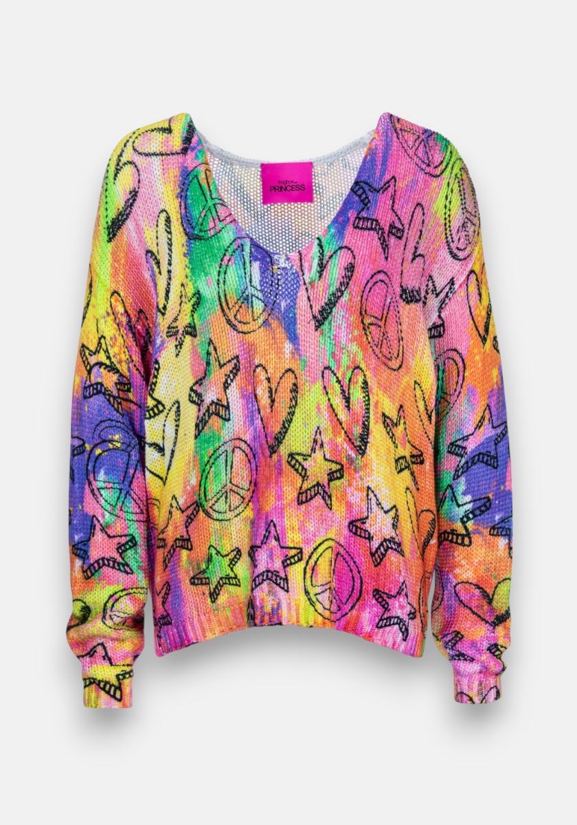 Colorful sweater with peace &amp;amp; heart motif