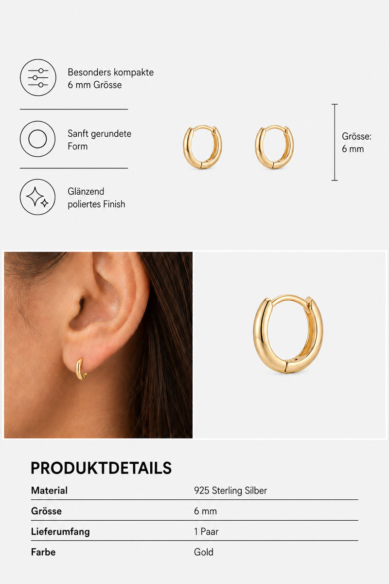 Ein kleiner goldener Creolen-Ohrring von Princess Goes Hollywood, 6 mm groß, mit abgerundeter, polierter Oberfläche, wird einzeln und am Ohrläppchen getragen gezeigt – perfekt für stilvolle Ear-Stack-Looks. Die Symbole in der Abbildung heben das kompakte, glatte und glänzende Design hervor. Die Produktdetails geben die Farbe Gold, den Werkstoff 925er Sterlingsilber, die Größe von 6 mm sowie den Lieferumfang von 1 Paar an.