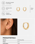 Ein kleiner goldener Creolen-Ohrring von Princess Goes Hollywood, 6 mm groß, mit abgerundeter, polierter Oberfläche, wird einzeln und am Ohrläppchen getragen gezeigt – perfekt für stilvolle Ear-Stack-Looks. Die Symbole in der Abbildung heben das kompakte, glatte und glänzende Design hervor. Die Produktdetails geben die Farbe Gold, den Werkstoff 925er Sterlingsilber, die Größe von 6 mm sowie den Lieferumfang von 1 Paar an.