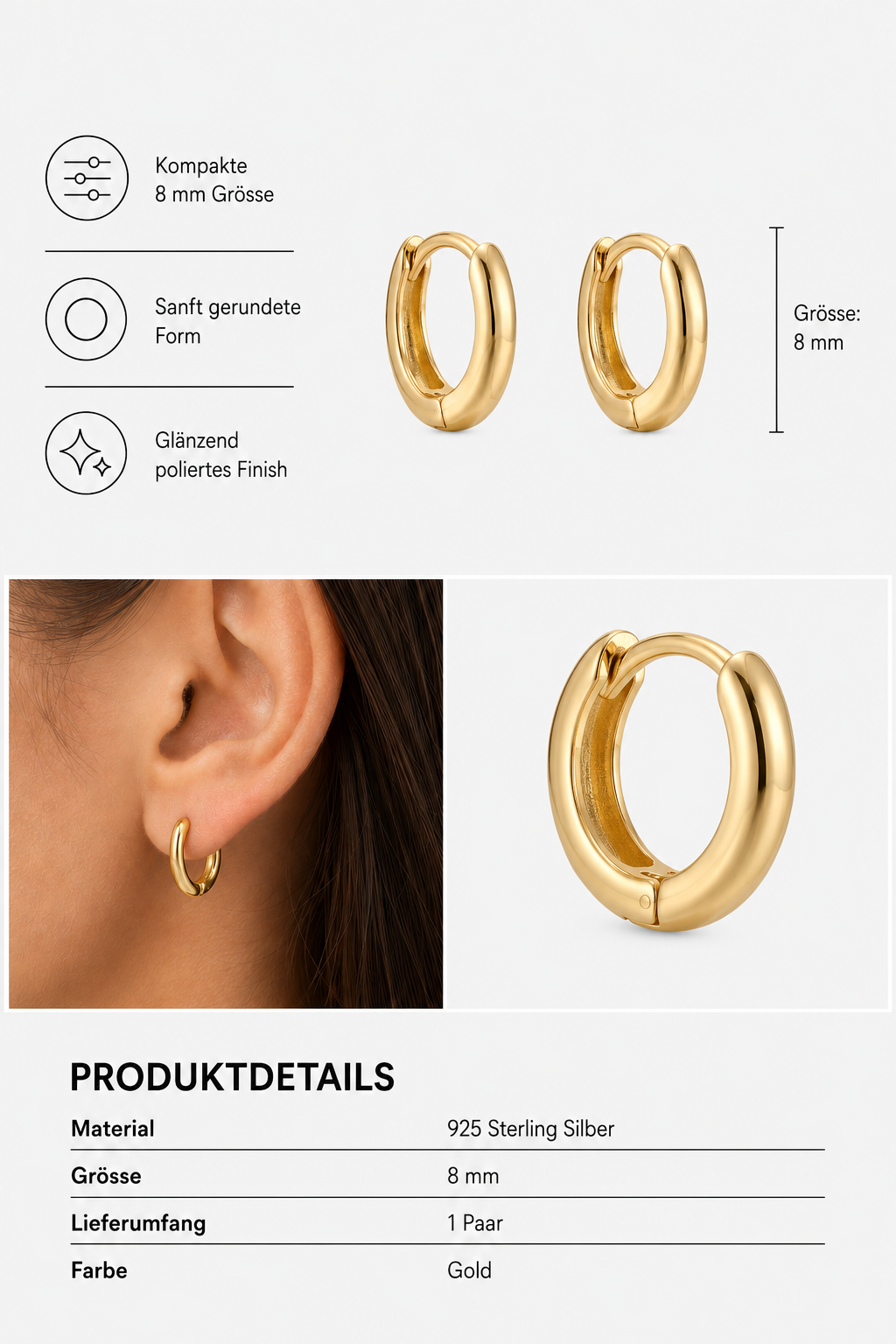 Polierte, kleine, runde Gold-Creolen (Ohrringe), die sowohl im Ohr als auch einzeln in Nahaufnahme abgebildet sind. Eine Abbildung verdeutlicht das schlichte, kompakte Design dieser 8-mm-Creolen von Princess Goes Hollywood. Zu den Produktdetails gehören Material (925er Sterlingsilber), Größe (8 mm), Set-Anzahl und Farbe (Gold).