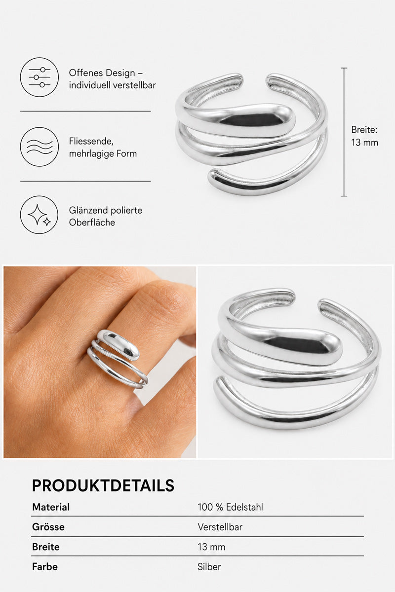 Collage, die einen silberfarbenen, verstellbaren Ring aus Edelstahl von Princess Goes Hollywood mit polierter Oberfläche zeigt. Nahaufnahmen verdeutlichen die Breite von 13 mm, das fließende und minimalistische Design sowie die Wirkung am Finger. Der deutsche Text enthält Angaben zu Material, Größe, Breite und Farbe.