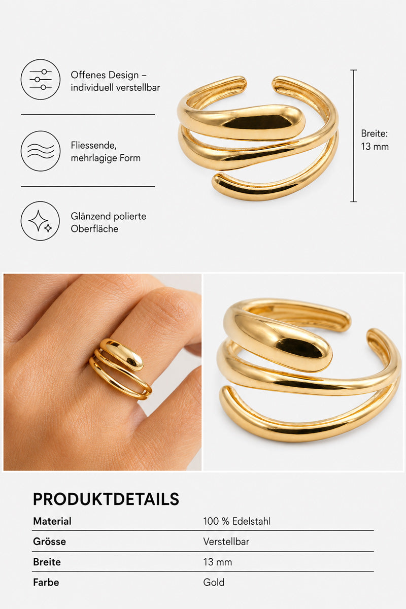 Ein glänzender, goldfarbener, minimalistischer, verstellbarer Ring von Princess Goes Hollywood mit überlappenden Schichten und einer Breite von 13 mm wird sowohl einzeln als auch am Finger abgebildet. Der Ring aus poliertem Edelstahl besticht durch ein modernes, offenes Design und lässt sich individuell an die Fingergröße anpassen. Produktdetails finden Sie unter den Bildern auf Deutsch.
