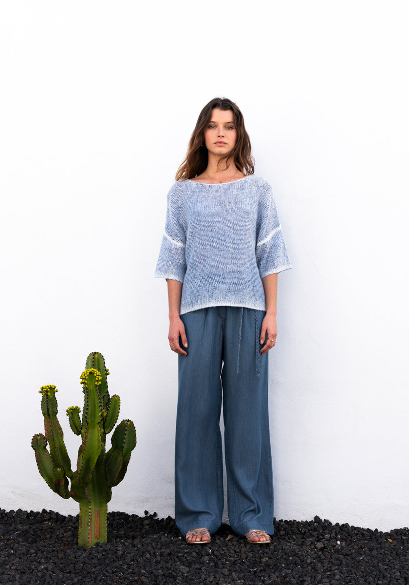 Blue Lyocell Pants with Braided Belt
