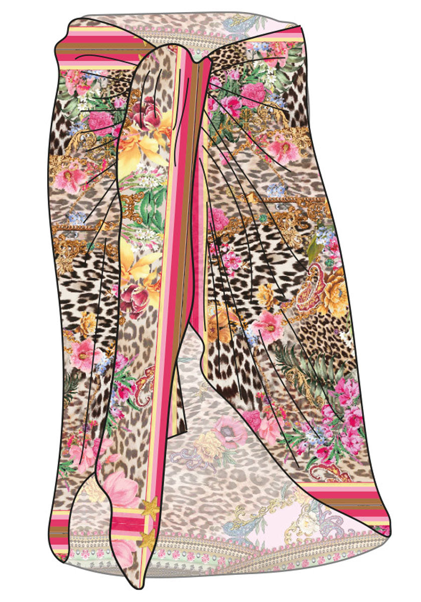 The Pareo Leo-Flower by Princess Goes Hollywood features bold stripes and delicate florals in tan, brown, pink, yellow, and green on a vivid print and is crafted from a luxurious cotton-silk blend for an exotic look.