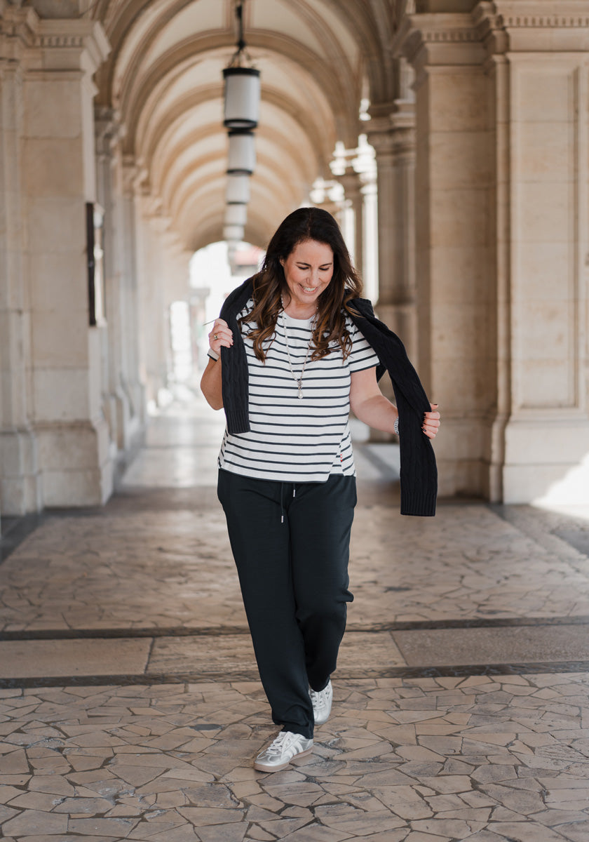 White T-shirt with stripes and embroidery