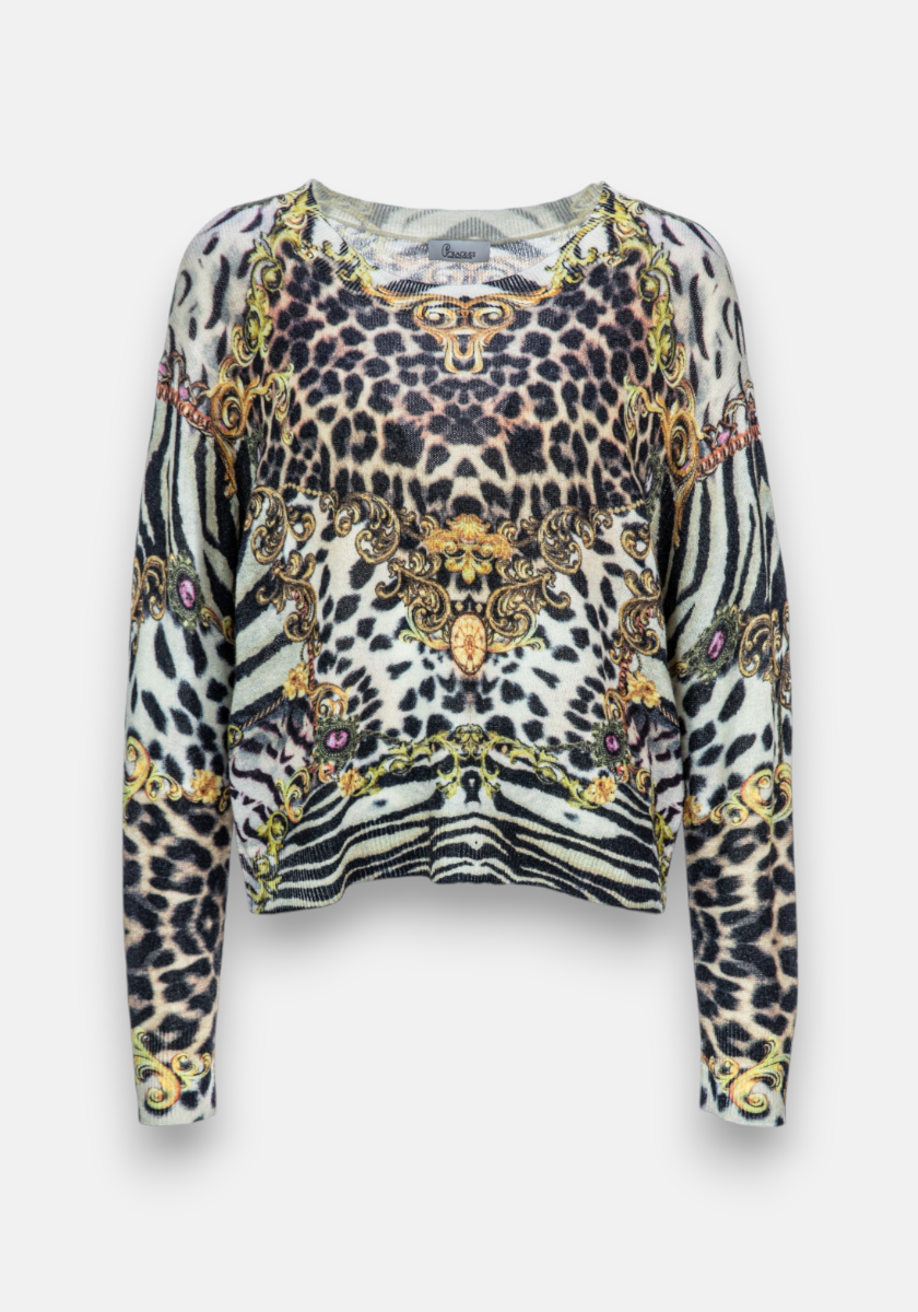 Princess Goes Hollywood long-sleeve fine-knit pullover with bold black, white, and tan leopard, zebra, and cheetah prints. Gold baroque patterns and jewel details adorn the chest, hem, and sleeves. Relaxed fit with wide crew neck.