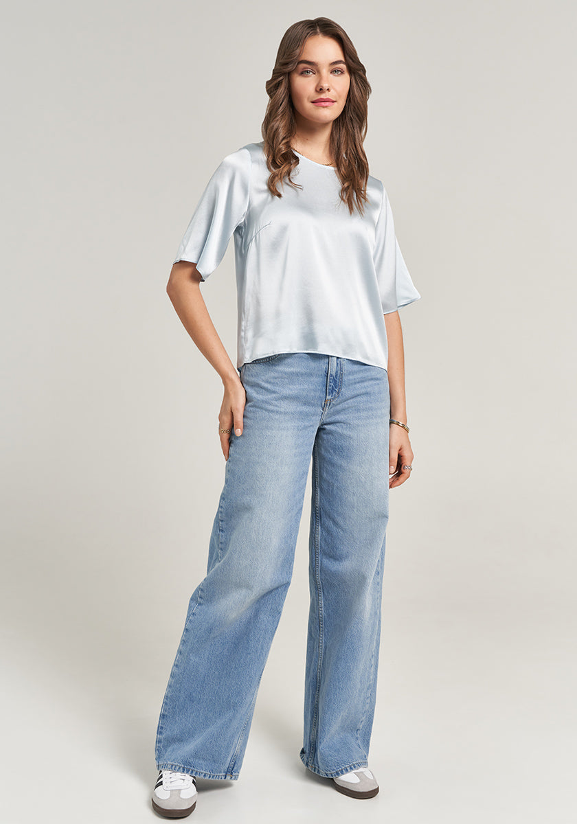 Blue silk blouse short sleeve