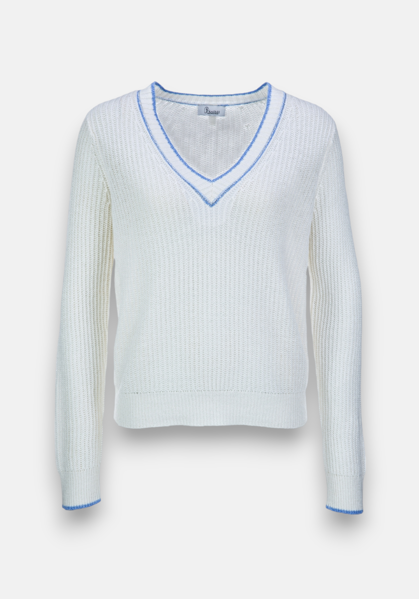 A white, long-sleeved Princess Goes Hollywood Kaschmir V-neck sweater features subtle ribbing, a double blue stripe at the neckline, and single blue stripes on the cuffs for an elegant touch of color.