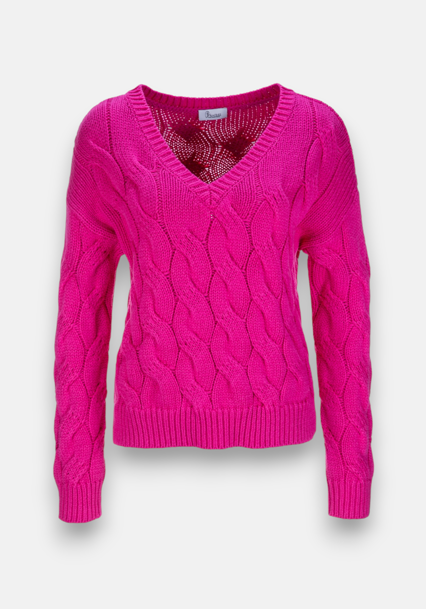 Pull rose à col en V en grosse maille torsadée