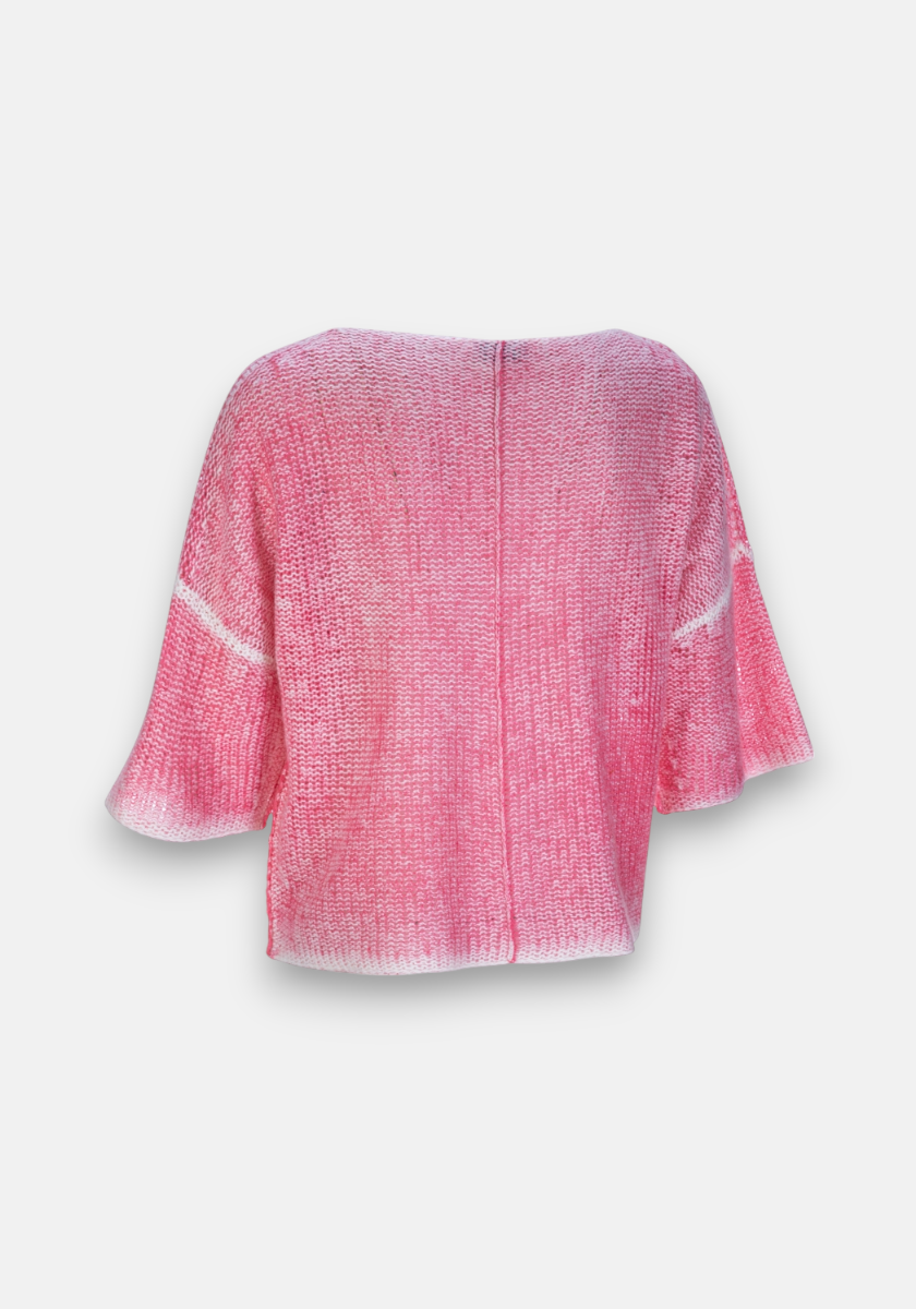 A loose-fitting, pink Princess Goes Hollywood Wollmix Feinstrickpullover with wide elbow-length sleeves, subtle white gradient at cuffs and hem, visibly woven texture, faint vertical back seam, and relaxed Used-Look. Plain white background.
