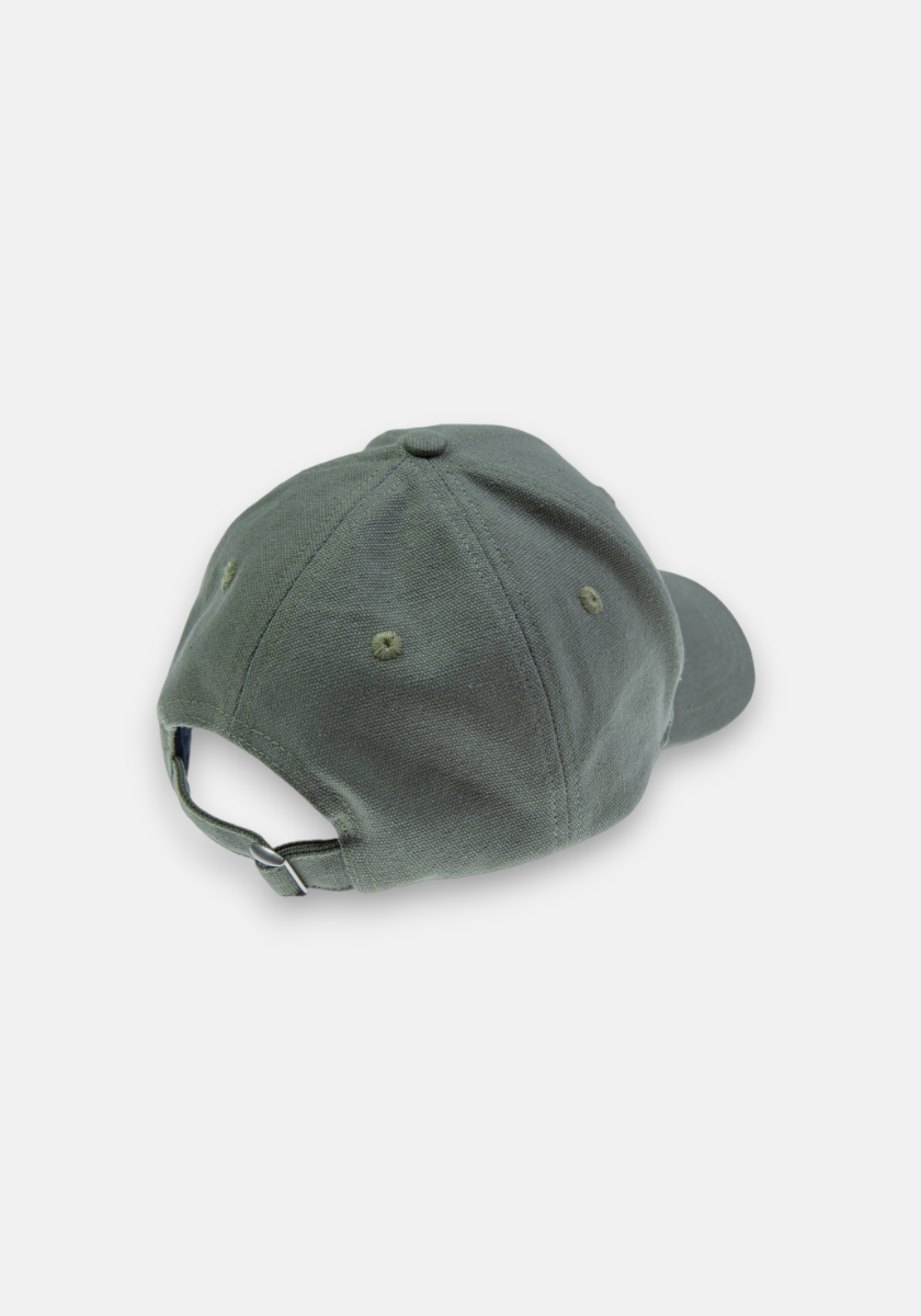 A dark green Princess Goes Hollywood baseball cap in denim-look cotton is shown from the back on a white background, featuring an adjustable strap with metal buckle, six ventilation eyelets, and a partially visible curved brim on the right.
