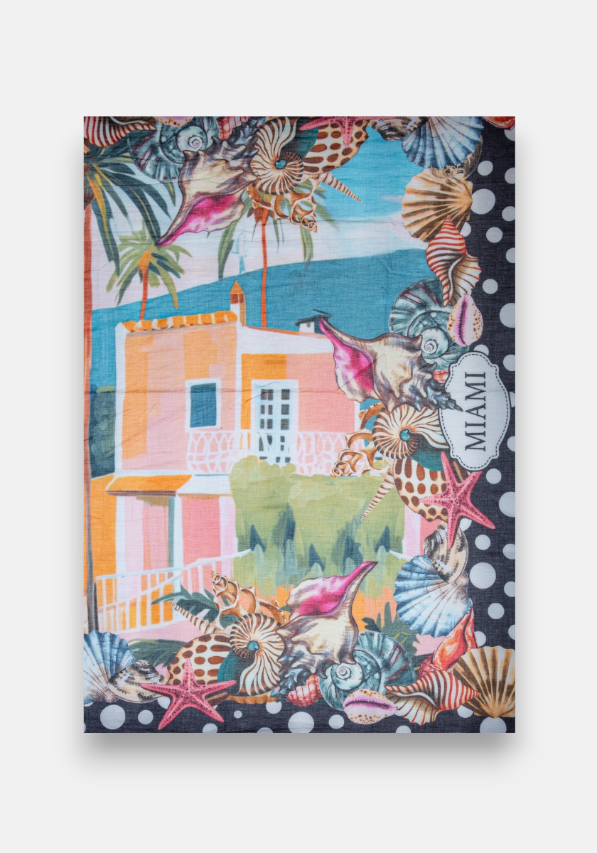 The Pareo Miami by Princess Goes Hollywood features a pastel orange and pink Miami building with palm trees, seashell and starfish borders, white polka dots on dark, and an ornate MIAMI label.