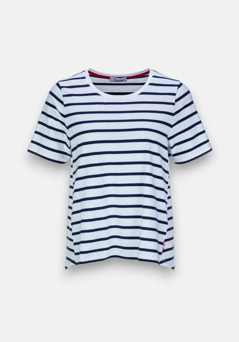 White T-shirt with stripes and embroidery