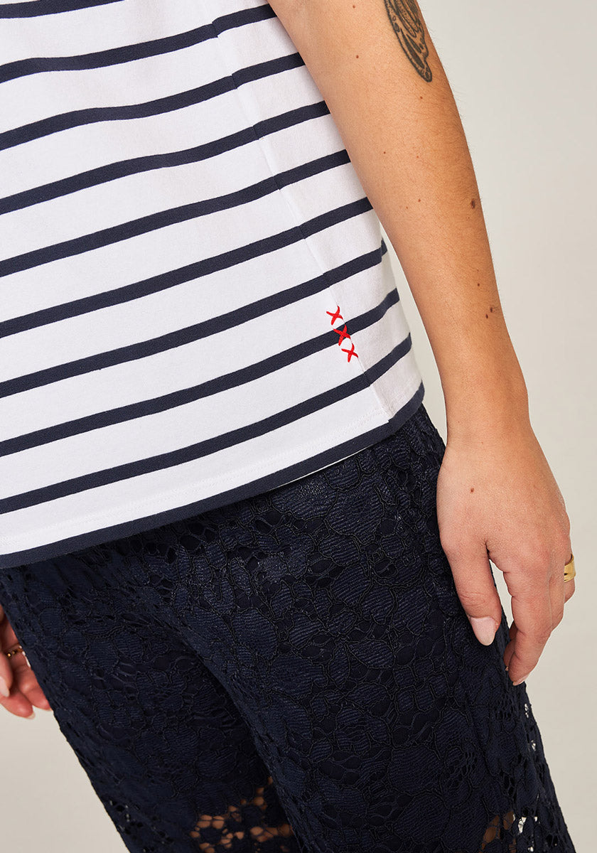 White T-shirt with stripes and embroidery