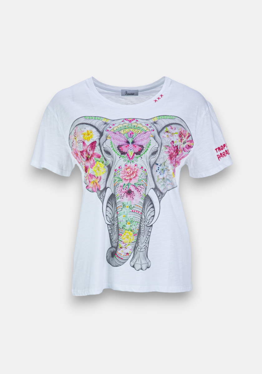 The Princess Goes Hollywood T-Shirt Elefant features a bold elephant graphic with pink, yellow, and green floral and butterfly designs, red TROPICAL PARADISE text on the sleeve, a relaxed fit, and crew neck for standout style.