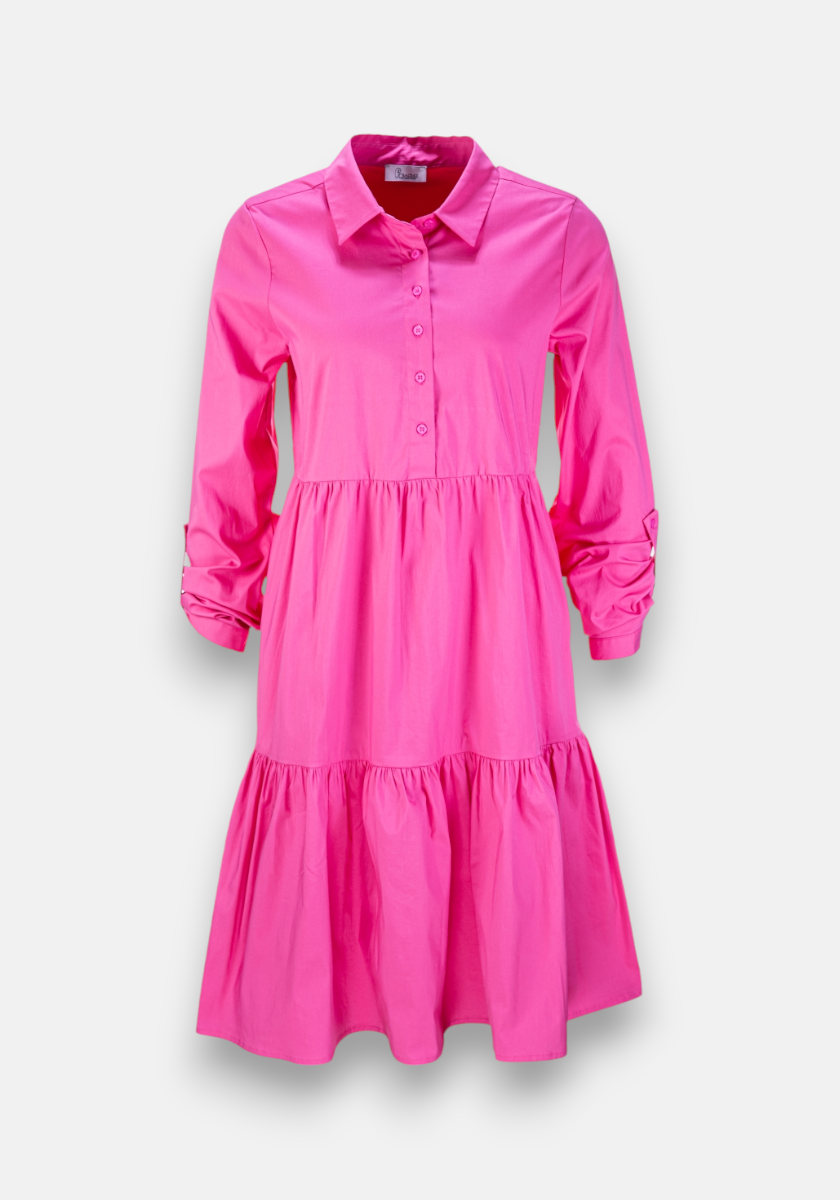 A bright pink Baumwollpopeline dress by Princess Goes Hollywood featuring long roll-tab sleeves, a collared neckline, button-up front, and tiered Volant skirt. The flowy fit offers comfort and versatility. Shown on a plain white background.
