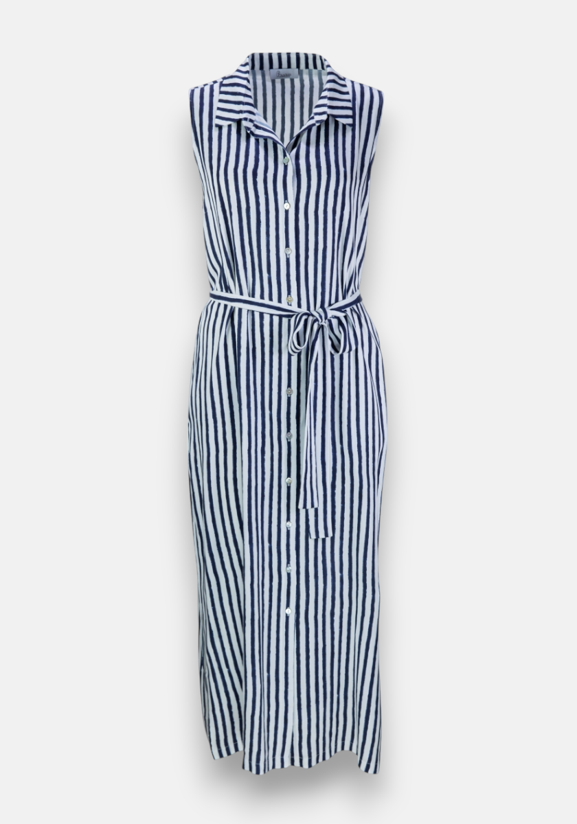 Sleeveless, ankle-length midi dress by Princess Goes Hollywood with navy and white stripes, button-down front, collared neckline, matching fabric belt, and made from 100% Modal for a relaxed fit against a plain white background.