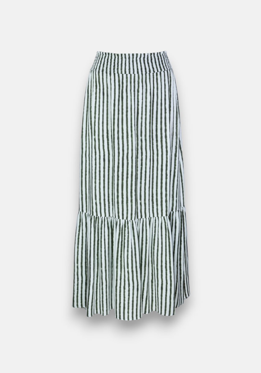 The Princess Goes Hollywood knee-length Midirock features a black-and-white vertical Streifenmuster, elastic waistband, and ruffled hem. Made from lightweight Modal, it offers a casual, flowy silhouette against a plain white background.