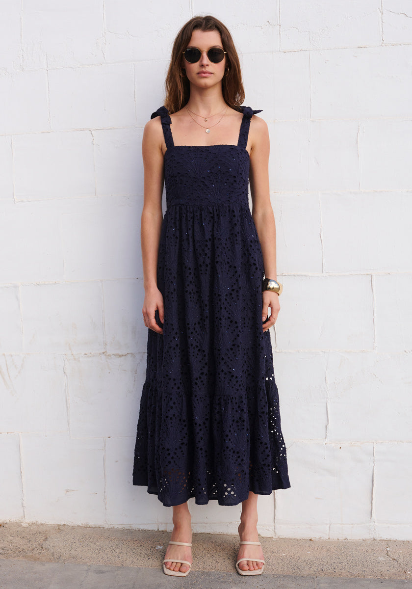 strap dress with perforated pattern